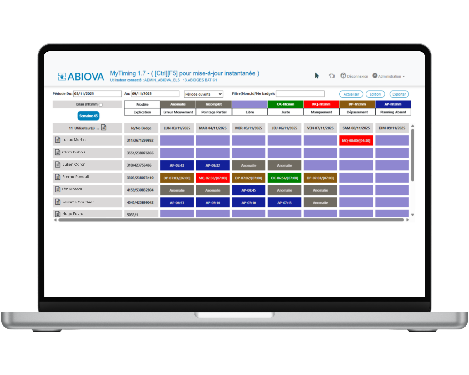 Logiciel de gestion des temps de présence avec planning des heures